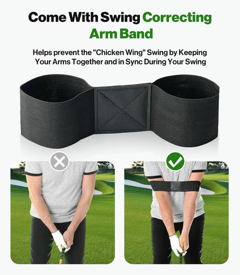 Golf swing correcting arm band with diagram showing proper and improper swing positions.