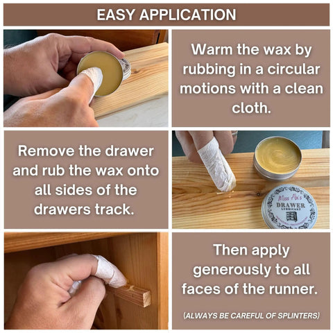 Heavy Duty Wood Drawer Wax And Premium Slide Lubricant That Gets Stubborn Cabinets Rolling Like Butter while applying wax on drawer tracks.