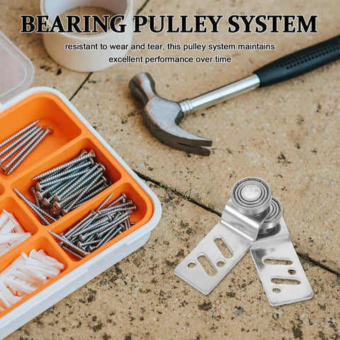 Four Pack Stainless Steel Sliding Door Pulley Wheels With Internal Ball Bearings For A Rock Solid Build And Runs Like A Dream Rail Glide featuring smooth wheels and screws in a toolbox.