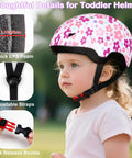 Toddler wearing bike helmet with floral design, showing features: thick EPS foam, adjustable straps, quick release buckle, certified for safety.