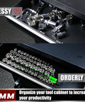 Comparison of messy and orderly garage drawers with 9 Piece Socket Organizer Set For 1/2, 3/8, And 1/4 Inch Drives In Green ABS Rail Holder 