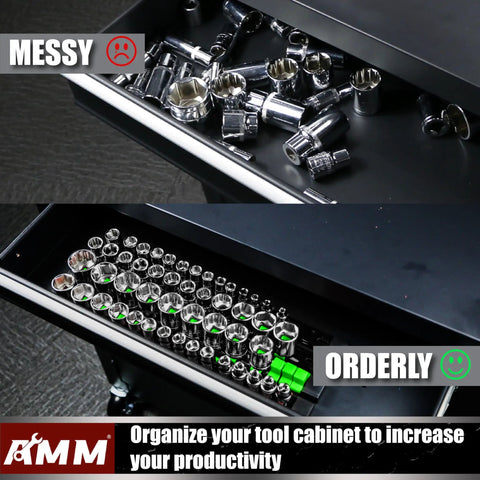 Comparison of messy and orderly garage drawers with 9 Piece Socket Organizer Set For 1/2, 3/8, And 1/4 Inch Drives In Green ABS Rail Holder 
