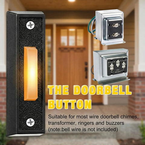 Lighted Wired Doorbell Button With LED Glow For Garage And Home Entry Easy Install No Brainer Wall Mounted Push Button Replacement Compatible With Most Low Voltage Chimes And Transformers Black Warm Light, shown with two transformers in background.