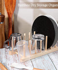Eight Pack Bamboo Wooden Plate Rack Six Slots Kitchen Dish Drying Organizer For Pots Lids Cutting Boards Cups No Sweat Setup with glasses and lids
