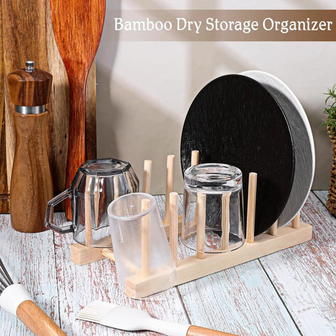 Eight Pack Bamboo Wooden Plate Rack Six Slots Kitchen Dish Drying Organizer For Pots Lids Cutting Boards Cups No Sweat Setup with glasses and lids