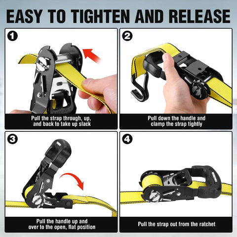 Instructions for using Heavy Duty Ratchet Tie Down Straps 1.5 Inch By 16 Foot 3300 Lb Break Strength 2 Pack