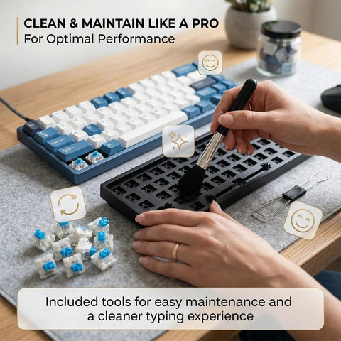 Person using brush and switch puller for Blue 3 Pin Keyboard Clickers For 3D Printing Projects With Switch Puller And Brush.