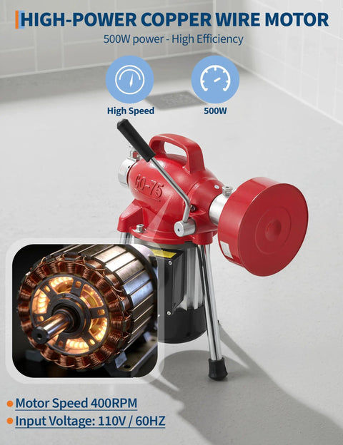 Heavy Duty 500W Electric Pipe Auger Drain Cleaner With Auto Feed Setup And Dual Coils For Crushing Grease Clogs In Residential Lines No Sweat Performance Guaranteed with high-power copper motor.