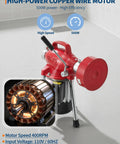 Heavy Duty Electric Drain Snake With Seamless Auto Feed Cable And Beefy 500 Watt Motor, close-up of copper wire motor.