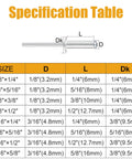 Specification table of All In One Aluminum Rivet Kit With 190 Pieces In 8 Sizes, Blind Rivets For Metal, showing dimensions.