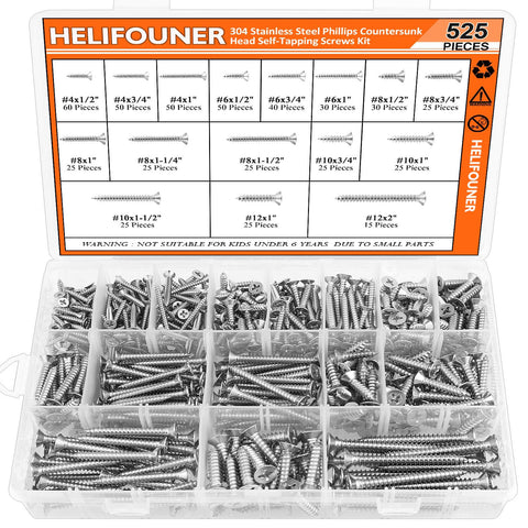525 Piece Wood Screw Set In 16 Sizes Stainless Steel Self Tapping Phillips Flat Countersunk Wood Screws For Any Project From Size 4 To Size 12 And Lengths From Half Inch To Two Inches 304 Stainless Great For Decks Furniture Cabinets DIY