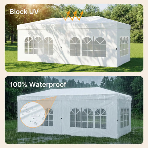 10x20 Pop Up Canopy Tent With 6 Removable Sidewalls, One Push Setup Party Gazebo For Outdoor Weddings, Parties And Events, Waterproof UV Protected, 3-Height Adjustable Easy Setup, Carry Bag Included shown in sunny and rainy weather
