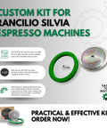 Three In One Espresso Tune Up Kit For Home Machines, IMS NanoQuartz Reinforced 200 Micron Shower Screen, Cafelat Green Gasket, Flat Stainless Screw, Fits Rancilio Silvia And Promac Models displayed with packaging.