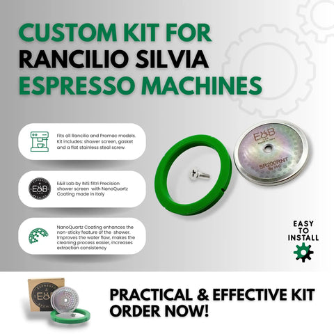 Three In One Espresso Tune Up Kit For Home Machines, IMS NanoQuartz Reinforced 200 Micron Shower Screen, Cafelat Green Gasket, Flat Stainless Screw, Fits Rancilio Silvia And Promac Models displayed with packaging.