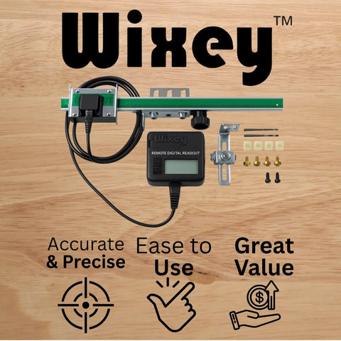 Digital Readout With Remote LCD For Planers And Sanders, 12 Inch Height Thickness Gauge With Boss Level Precision, 0.002 Inch Accuracy, Works On Drum Sander And Wide Belt Sander, AAA Powered Caliper For Quick, Reliable Measurements, product components on wooden background.