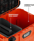 Open view of MODbox Medium Deep Tool Box With Beefy Heavy Duty Organizer Removable Tray Water And Debris Resistant Stackable Module showing conduit slot and tool caddy.