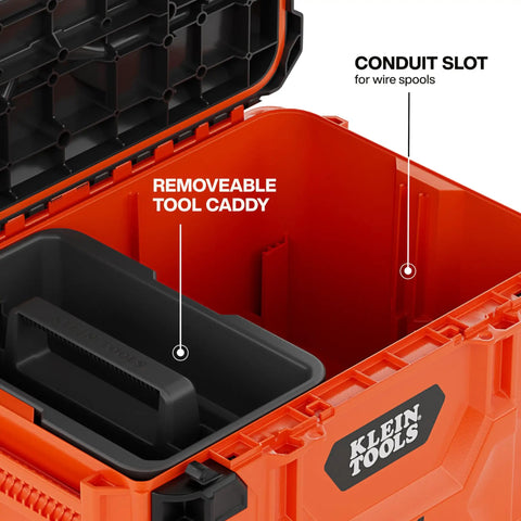 Open view of MODbox Medium Deep Tool Box With Beefy Heavy Duty Organizer Removable Tray Water And Debris Resistant Stackable Module showing conduit slot and tool caddy.
