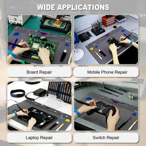 Extra Large 23.7x13.8 Inch Soldering Mat With ESD Wrist Strap Kit used for electronics repair applications.