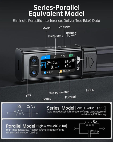 All In One SMD LCR ESR Meter With Tweezer Probes Auto Sort And Compare Measures Resistors Capacitors Inductors Diodes Continuity And Voltage Full Band Scan From 100 Hz To 100 KHz Series And Parallel Modes For RF And Electronics Testing display showing series-parallel model settings