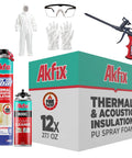 No Fuss Fire Rated Spray Foam Insulation Kit Covers 240 Square Feet includes spray cans, trigger gun, and protective gear.
