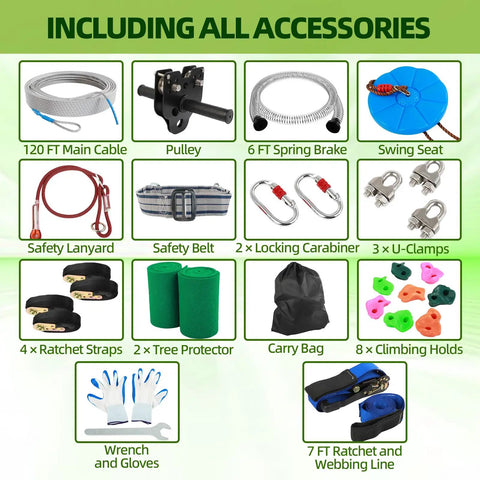 Image showing accessories of Backyard Zipline Kit For Kids And Adults Up To 400 Lbs With Quick Tighten System including cable, pulley, brake, and more.