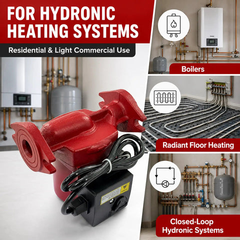 Top Shelf Hot Water Circulation Pump Replacement 103400 Hydronic Heating Boiler System for residential use, red cast iron housing, installed.