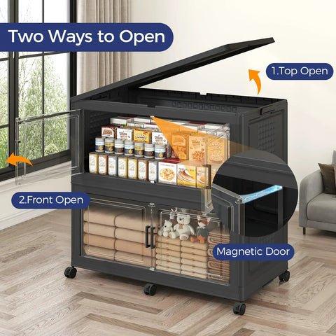 4 Tier Go To Stackable Storage Bins With Lids On Wheels 640 Qt Total Capacity showing top and front magnetic doors open