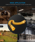 Collage showing an 8 Inch PVC Flexible Duct With 25 Feet Length Adjustable Rope And D Shaped Rings in various settings: tunnel, basement, farm, and factory.