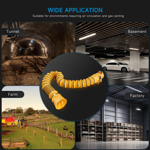 Collage showing an 8 Inch PVC Flexible Duct With 25 Feet Length Adjustable Rope And D Shaped Rings in various settings: tunnel, basement, farm, and factory.