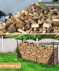Split image showing before with logs on ground and after stored on Eight Foot Outdoor Firewood Rack With Waterproof Carrier Bag.