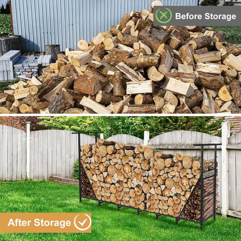 Split image showing before with logs on ground and after stored on Eight Foot Outdoor Firewood Rack With Waterproof Carrier Bag.