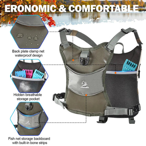 Lightweight Fly Fishing Chest Pack Waterproof Tackle Bag With Multiple Compartments For Wade Fishing shown with features
