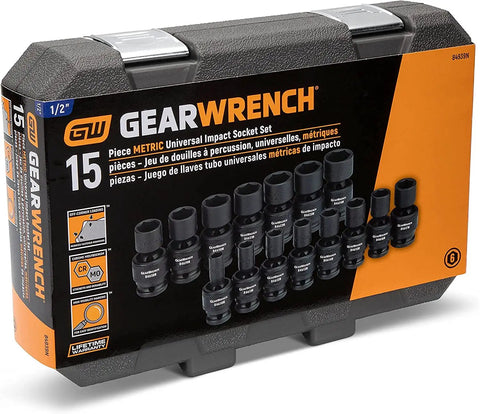 1/2 Inch 6 Point Metric Universal Impact Socket Set, 15 Piece, Built Tough In Cr-Mo Steel With Off Corner Loading To Prevent Fastener Rounding