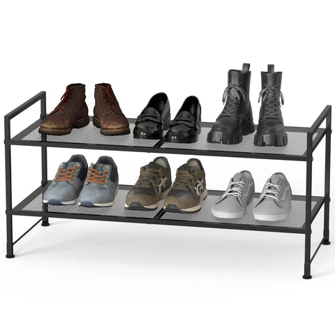 Two Tier Stackable Metal Wire Shoe Rack In Black Stores Six Pairs Of Kicks With Room For Loose Slippers Tough Heavy Gauge Steel Quick One Person Build Out For Closets Or Mudrooms