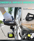 5T 12V Electric Car Jack Kit With Double Cylinder Air Pump And LCD Touch Screen showing impact wrench in use