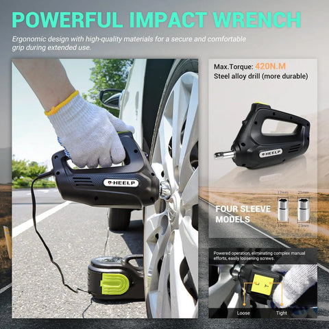 5T 12V Electric Car Jack Kit With Double Cylinder Air Pump And LCD Touch Screen showing impact wrench in use