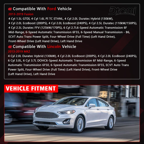 Image showing vehicle compatibility chart for Ford Fusion 2013-2019 and Lincoln MKZ 2013-2019 with a Ford Fusion car image.