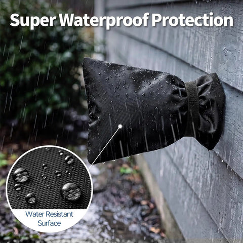 Heavy Duty Outdoor Faucet Cover With Winter Freeze Protection Waterproof Insulated Hose Bib Socks on a wall during rain.
