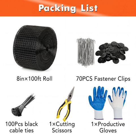 Packing list with 8in x 100ft black PVC mesh roll, fastener clips, cable ties, scissors, and gardening gloves.