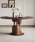 High Grade Oak Wabi Sabi Round Dining Table With 35 Inch Tempered Glass Lazy Susan And Walnut Detail in a stylish home setting.