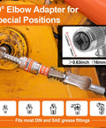 90° elbow adapter attached to machinery, part of 4 Piece Quick Connect Greasing Accessory Kit With 90 Degree Coupler, Grease Needle Dispenser And Nozzles, Cleaning Tool, And Sturdy Portable Storage Box For Reaching Any Grease Fitting On Any Machine.