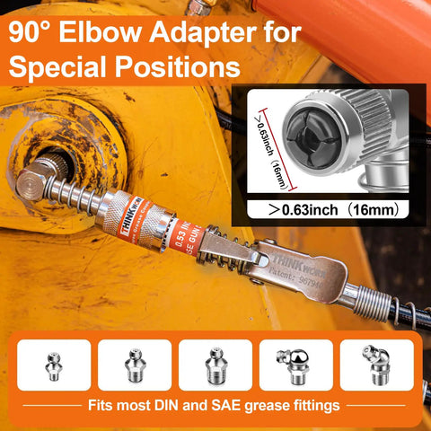 90° elbow adapter attached to machinery, part of 4 Piece Quick Connect Greasing Accessory Kit With 90 Degree Coupler, Grease Needle Dispenser And Nozzles, Cleaning Tool, And Sturdy Portable Storage Box For Reaching Any Grease Fitting On Any Machine.
