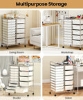 4 views of Grab-And-Go 15-Drawer Rolling Utility Cart With Lockable Wheels, Metal Frame Mobile Storage Trolley in different settings