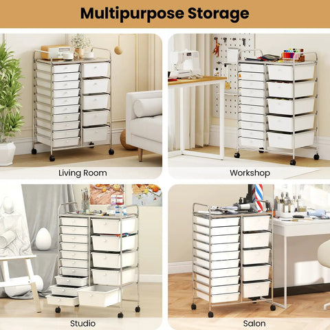 4 views of Grab-And-Go 15-Drawer Rolling Utility Cart With Lockable Wheels, Metal Frame Mobile Storage Trolley in different settings