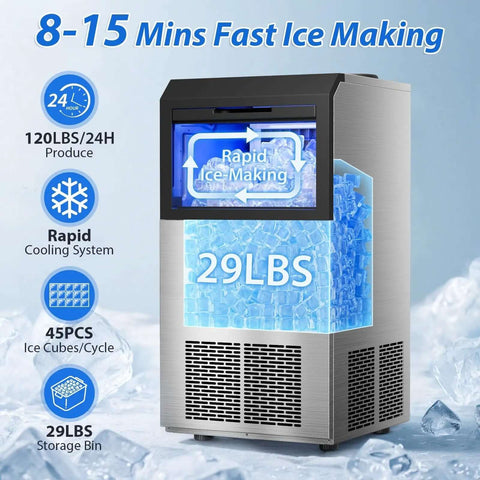High Efficiency Under Counter Ice Maker, 120 Lbs Per Day, Stainless Steel, 45 Ice Cubes Per Cycle, with self clean and storage bin