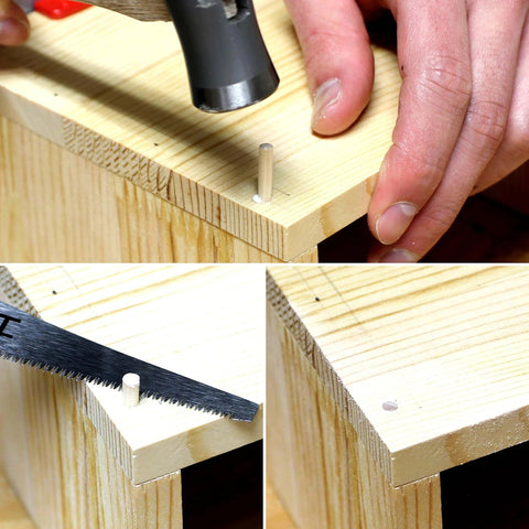 Installing tapered wooden nails for woodworking and craft projects, 9/64 Inch (3.5mm), natural Japanese white birch dowels.