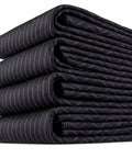 Stack of heavy duty moving blankets 72x80 inches, 4 pack, black padded furniture pads for protection, cotton-polyester blend.