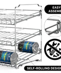 Solid As Rocks 3 Tier Stackable Can Organizer Rack Holds 36 Cans Chrome with easy assembly and self-rolling design.