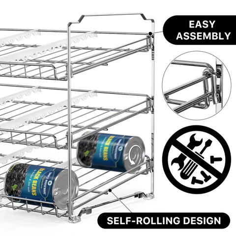 Solid As Rocks 3 Tier Stackable Can Organizer Rack Holds 36 Cans Chrome with easy assembly and self-rolling design.
