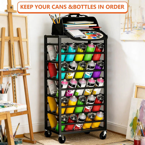 Heavy Duty Rolling Cart Holds A Solid Fifty Spray Paint Cans Built Tough For Double Sided Storage Plus Top Tool Tray Wheeled Garage Rack Rolls Smooth And Keeps Your Shop Legit